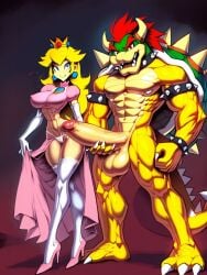 1boy 1girls abs ai_generated bare_arms bare_legs bare_shoulders bare_thighs big_breasts big_penis blonde_hair bowser color female furry furry_male gigiti hi_res koopa large_breasts light-skinned_female light_skin long_hair male male/female mario_(series) muscles muscular muscular_male princess_peach thick_thighs