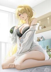 1girls absurdres black_bra blindfold blush bra breasts cleavage drooling eous_(zenless_zone_zero) evelyn_chevalier eyes_visible_through_hair female hair_over_one_eye hickey highres indoors kkuni large_breasts long_hair long_sleeves mole mole_under_eye off_shoulder open_mouth purple_eyes shirt solo thighs underwear white_shirt zenless_zone_zero