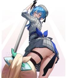 2girls ass blonde_hair blue_eyes blue_hair clothed dress eredhen hat hololive hololive_japan hoshimachi_suisei kazama_iroha looking_down pole pole_dancing skirt thighs virtual_youtuber