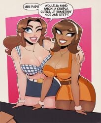 arm_around_partner bangle bar belt big_ass big_breasts blue_eyes breasts breasts_squeeze brown_eyes brown_hair busty_boy clothed dark_skin dialogue dialogue_bubble dress fair_skin femboy freckles headband leaning_forward leaning_on_object male melat0nin necklace nose_piercing pantyhose simple_background skirt starbryte tied_shirt tooth_gap trans