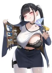 :q absurdres belt black_belt black_bra black_choker black_hair blue_jacket blue_skirt blunt_bangs blush bra bra_visible_through_clothes breasts choker clothes_lift cowboy_shot female goddess_of_victory:_nikke half-closed_eyes head_tilt highres huge_breasts jacket lace lace_bra large_breasts leaning_forward long_hair looking_at_viewer mole mole_under_eye open_clothes open_jacket opened_by_self pantyhose pencil_skirt red_eyes s_redbutterfly shirt shirt_lift simple_background skirt smile solo sora_(nikke) thigh_strap tongue tongue_out twintails underwear white_background white_pantyhose white_shirt