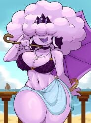 1girls big_breasts bikini breasts cloud cloud_creature cloud_humanoid female looking_at_viewer mevia_(sketchfins) original original_character pointy_teeth sharp_teeth sitting sketchfins smiling solo umbrella