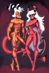 1boy 1girls 2demons abs ai_generated bare_arms bare_legs bare_shoulders bare_thighs big_breasts big_penis bikini bikini_bottom bikini_top color demon demon_boy demon_girl demon_horns demon_tail female fit_female gigiti helluva_boss hi_res large_breasts long_hair looking_at_viewer male male/female moxxie_(helluva_boss) muscles muscular muscular_female muscular_male pink_body pink_skin succubus succubus_horns succubus_tail thick_thighs verosika_mayday_(helluva_boss)