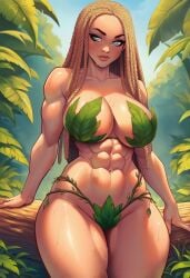 abs ai_generated aipixelporn bikini blonde_hair blue_eyes dreadlocks leaf leaf_clothing light-skinned_female light_skin self_upload
