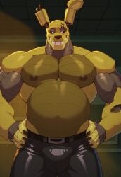 1anthro 1boy 1monster ai_generated anthro belt belt_buckle big_bulge black_clothing bulge chest_tuft civitai confident dad_bod daddy five_nights_at_freddy's five_nights_at_freddy's_3 hand_on_hip jeans male male_only master muscular muscular_male nude pants penis rabbit rabbit_humanoid smiling solo solo_focus solo_male springtrap_(fnaf) springtrap_(kidde_jukes) steam steam_clouds sweat sweaty tight_clothes tight_clothing tight_fit tight_pants