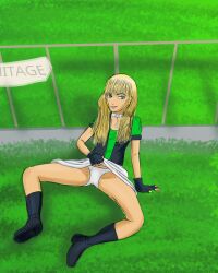 1girls anti-magicskirt black_jacket blonde_hair blue_eyes choker clothes_lift code_lyoko code_lyoko_chronicles eva_skinner female female_only fingerless_gloves gloves grass green_jacket heart_tag human human_only jacket multicolored_jacket outdoors outside panties sitting sitting_on_grass sitting_on_ground skirt_lift skirt_lifted_by_self smug tall_boots white_choker white_heart_tag white_panties white_sclera white_skirt