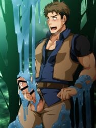 1boy after_masturbation after_orgasm ambush_(trap) balls balls_out biceps big_penis blush brown_hair censor_bar censored censored_penis cum cum_drip cum_on_hand cum_on_penis cum_string dripping dripping_cum duo embarrassed erection foreskin foreskin_folds forest frenulum frown fully_clothed gay hi_res holding_penis looking_at_penis male male_only masturbation mature_male monster murakami_tarosu muscles muscular muscular_arms muscular_male original original_character outdoors pecs penis penis_out pointless_censoring pubic_hair restrained restrained_arms restrained_legs retracted_foreskin semen shocked short_hair slime slime_on_arm slime_on_body slime_on_leg slime_on_penis standing swamp sweat sweatdrop thick_penis thisarmor uncircumcised uncut unzipped unzipped_pants veiny_penis vest wristband