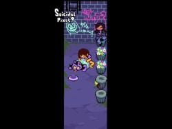 1boy 2girls accurate_art_style all_fours alley animated black_hair blush cat_tail catgirl catty_(undertale) deltarune female flowers graffiti_on_wall green_shirt kris_(deltarune) loop male moss nonbinary pixel_animation pixel_art purple_body purple_fur purple_jacket purple_skin railing ripped_jeans sex suicidalpixel susie_(deltarune) tagme tongue tongue_out trash_can yellow_sclera