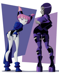 2girls ass ass_focus back_to_viewer bare_ass bent_over boots clothes_swap clothing_swap dat_ass dc dc_comics female female_only forehead_jewel grey_skin high_resolution jinx_(dc) large_ass looking_at_viewer loose_clothes pink_hair platform_footwear purple_background purple_eyes rachel_roth raven_(dc) ravenravenraven ripped_stockings straight_hair teen_titans thick_thighs thighs tight_clothes white_background