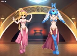 belly_dancer belly_dancer_outfit blonde_hair blue_eyes blue_hair breasts ciel_(mega_man) fairy_leviathan harem_girl harem_outfit mega_man mega_man_zero robarts_hallway seductive_smile slave_bikini slave_leia_(cosplay) small_breasts