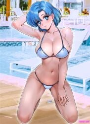 1girls alluring ami_mizuno big_breasts bishoujo_senshi_sailor_moon blue_eyes blue_hair cleavage female kneel one-piece_bikini oyaman pool poolside short_hair solo swimming_pool swimsuit
