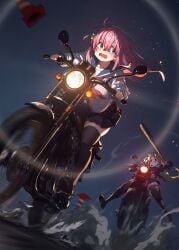 ai_assisted ai_generated alitonx baseball_bat bocchi_the_rock! breasts broken_glass crying_with_eyes_open curvy female floating floating_hair gotou_hitori huge_breasts ijichi_nijika motion_blur motorcycle night riding scared see-through serafuku smoke smug speed_lines sweatdrop tears thick_thighs thighhighs torn_clothes torn_thighhighs traffic_cone wavy_mouth wind