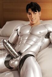 asian_male cum cum_on_penis cute_male freaky futuristic in_bed jinu_(kpop_demon_hunters) korean_male kpop_demon_hunters mecha metal_penis netflix robot robot_boy robot_penis robotic robotization smile smiling_at_viewer smirk smirking smirking_at_viewer