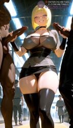 3boys ai_generated balls black_choker black_panties black_sash black_skirt black_thighhighs blonde_hair blue_eyes blunt_bangs blunt_ends blush bob_cut breasts cameltoe choker cleavage clothed_female_nude_female clothed_female_nude_male clothed_male_nude_male collarbone covered_navel dark-skinned_male dark_skin double_handjob erection feet_out_of_frame female fishnet_top fishnets from_below gangbang grey_kimono grey_shirt grin group_sex handjob hands_up indoors interracial large_breasts looking_at_viewer male meitabuu microskirt miniskirt multiple_boys naruto naruto_(series) naruto_shippuden ninja nude obi panties pantyshot parted_lips penis penis_grab samui sash shirt short_hair short_kimono short_sleeves skindentation skirt smile solo_focus standing straight teeth testicles thighhighs thighs uncensored underwear upskirt