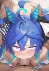1boy :>= @_@ ahoge all_fours animal_ears aqua_hair ass ass_grab bangs bed blue_eyes blue_hair blush bow breasts clothing completely_nude crossed_bangs dark-skinned_male dark_skin doggy_style fellatio female female hair_between_eyes hair_ornament hair_ribbon heterochromia horse_ears horse_girl horse_tail irrumatio long_hair looking_at_viewer lying male male_pov male_pubic_hair multicolored_hair nipples nude oral penis pubic_hair purple_eyes ribbon rolling_eyes saliva sex solo_focus straight sweat tail taken_from_behind tears twin_turbo_(umamusume) twintails umamusume_pretty_derby veiny_penis