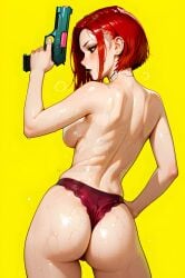 2d 2d_(artwork) ai_art ai_generated artist_request cd_projekt_red comfyui cyberpunk cyberpunk_2077 cyberpunk_2077:_phantom_liberty cyberpunk_girl ear_piercing gun holding_gun illustrious_(stable_diffusion) maroon_panties panties_only philolite pony_diffusion_xl posing_for_picture posing_with_weapon redhair stable_diffusion sweaty_body sweaty_butt topless topless_female v_(cyberpunk_2077) valerie_(cyberpunk_2077) video_game video_game_character viewed_from_behind watermark yellow_background