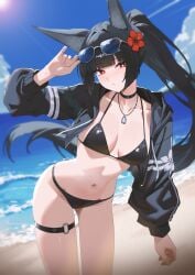 absurdres adjusting_eyewear alternate_costume alternate_hairstyle animal_ear_fluff animal_ears bikini black_bikini black_choker black_hair black_jacket blue_sky breasts bright_pupils choker closed_mouth collarbone commentary cowboy_shot day eyewear_on_head female flower fox_ears fox_girl groin hair_flower hair_ornament highres hoshimi_miyabi jacket jewelry light_blush long_hair looking_at_viewer medium_breasts navel necklace nvl o-ring o-ring_thigh_strap ocean open_clothes open_jacket outdoors ponytail red_eyes red_flower shore skindentation sky solo stomach sunglasses swimsuit thigh_strap thighs twitter_username very_long_hair wet white_pupils zenless_zone_zero