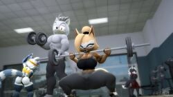 3d_(artwork) adam_(juicyducksfm) anthro black_body black_fur black_lipstick blue_body blue_fur bottomwear breasts brown_body brown_skin canid canine canis clothed clothing digital_media_(artwork) duo fan_character female fur grey_body grey_fur gym hi_res hunter_(mrfrenchyjackal) idw_publishing inside jackal juicyducksfm lemur lifting_dumbbell lipstick looking_at_another looking_forward makeup male male/female mammal muscular muscular_male pants primate public red_clothing sega shirt sonic_(series) sonic_the_hedgehog_(comics) sonic_the_hedgehog_(idw) sonic_the_hedgehog_(series) source_filmmaker_(artwork) sport sportswear strepsirrhine tan_body tan_fur tangle_the_lemur topwear training whisper_the_wolf white_body white_fur wolf