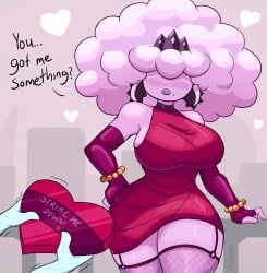 1girls big_breasts breasts cloud cloud_creature cloud_humanoid dress female hearts hearts_around_head holidays mevia_(sketchfins) original original_character red_dress sketchfins talking_to_viewer text valentine's_day