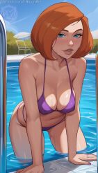 ai_generated ann_possible bikini blue_eyes breasts curvy kim_possible leaning_forward looking_at_viewer milf orange_hair pool raiven short_hair water wet wet_body wet_hair wet_skin