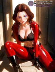 ai_generated belt black_belt black_bra black_footwear black_gloves black_panties blue_eyes boots bra breasts brown_hair cleavage closed_mouth collarbone donkey_kong_(series) earrings eyeshadow female flower_tattoo forehead gloves high_heel_boots high_heels jewelry large_breasts latex lipstick long_hair looking_at_viewer makeup mario_(series) meitabuu navel panties pants pantyhose patreon_username pauline red_bodysuit red_lips red_nails red_pants red_pantyhose shadow shiny_clothes shrug_(clothing) sitting smile solo stomach super_mario_bros. tattoo tiles torn_clothes underwear
