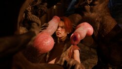 2boys 3d angry canine_penis female gloves gnoll hand_on_penis huge_cock kirstie_(defying_fate) kirstie_(vindictus) knotted_penis male penis rochestedorm scowl vindictus vindictus:_defying_fate
