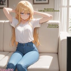 :/ :t ? ai_generated angry annoyed areola areola_slip arms_behind_head arms_up artist_name bimbofication blonde_hair blue_eyes blue_pants blurry blush body_control boob_window breast_expansion breasts breasts_bigger_than_head bursting_breasts busty busty_female cleavage closed_mouth collarbone comic couch curtains day denim drawing_(object) english_text expansion fanbox_username feet_out_of_frame female frown gigantic_breasts hair_between_eyes hair_intakes high-waist_pants huge_areolae huge_breasts hyper hyper_breasts indoors jeans large_breasts long_hair looking_at_viewer looking_to_the_side massive_breasts medium_breasts nipples oc on_couch open_mouth original original_character pants patreon_username picture_frame plant potted_plant pout remote shirt shirt_tucked_in shocked short_sleeves sidelocks sitting solo speech_bubble straight_hair surprised surprised_expression sweatdrop t-shirt tagme television thighs tight_clothing torn_clothing transformation twitter_logo twitter_username v-shaped_eyebrows very_long_hair virusb90 voluptous voluptous_female watermark web_address white_shirt window wobbling_breasts