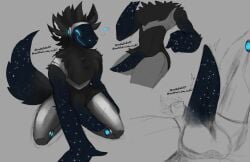 armor astrophel_(lewdaesthetics) balls bent_legs black_body black_fur blue_eyes blue_glow erection fluffy fluffy_chest fluffy_tail fur genitals hi_res hip_tuft lewdaesthetics lying machine male male_focus male_only metallic_body mischievous_smile multi_ear neck_tuft on_back penis presenting presenting_penis protogen screen screen_face smile sneaky solo star star_body starry_body tail tuft