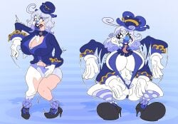 bluudew brainwashing breasts clown clown_girl clownification female furina_(genshin_impact) genshin_impact haigure haigure_pose intelligence_drain intelligence_loss iq_loss large_breasts midriff navel tongue_out transformation