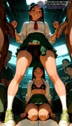 2girls 3boys ai_generated ass_visible_through_thighs bike_shorts bike_shorts_under_skirt black_bra black_hair black_panties black_shorts bra bracelet breasts brown_eyes brown_hair cameltoe clenched_hands clothed_female_nude_female clothed_female_nude_male clothes_around_waist collared_shirt dark-skinned_male dark_skin disney disney_princess fa_mulan faceless female_pubic_hair flaccid foreskin from_below green_footwear green_skirt grin hair_ornament hairclip indoors jewelry kneeling long_hair long_sleeves looking_at_viewer male_pubic_hair medium_breasts meitabuu miniskirt mulan multiple_boys multiple_girls navel necktie no_panties nude open_clothes open_shirt penis pleated_skirt pubic_hair pussy pussy_juice red_necktie school_uniform shirt shoes shorts shorts_under_skirt sitting skirt sleeves_rolled_up small_breasts smile sneakers socks standing straight sweater_around_waist teeth testicles twins uncensored underwear upskirt white_shirt white_socks