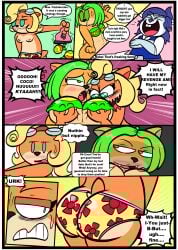 abs activision ami_bandicoot anthro ass bandicoot big_breasts blonde_hair blue_body blue_fur blue_hair blush blush_lines border bra bra_removed bra_stuffing breast_fondling breast_play breasts caressing_breasts clothed clothed_anthro clothed_female clothing coco_bandicoot comic crash_(series) dialogue english_text eyewear female female/female fondling food fruit fully_clothed fully_clothed_anthro fully_clothed_female fur goggles green_eyes green_hair group hair hand_on_breast hi_res kaokaoarts mammal marsupial muscular muscular_anthro muscular_female nina_cortex nipples oddkao orange_body orange_fur panties partially_clothed partially_clothed_anthro partially_clothed_female plant removed_bra small_breasts speech_bubble stuffed_bra text trio underwear undressed undressing white_border wumpa_fruit