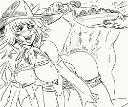 1boy bb_(baalbuddy) black_and_white blush breasts dhampir dhampir_(monster_girl_encyclopedia) faceless_male female fork half_nude_female hat head_out_of_frame large_breasts looking_back male meatballs monster_girl_encyclopedia mythology nipples no_background nude nude_male open_mouth pants_down pasta penetration plate shirt_up vampire vampire_girl vampire_teeth