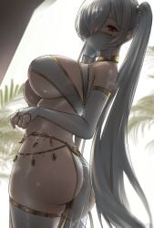 1girls alternate_costume arabian_clothes ass breasts bridal_gauntlets choker cinderella_(nikke) covered_nipples dutch_angle ear_piercing female from_behind goddess_of_victory:_nikke hair_over_one_eye harem_outfit highres huge_breasts long_hair looking_at_viewer mask mouth_veil navel piercing red_eyes thighhighs tree twintails underboob uzzy2801 veil white_hair