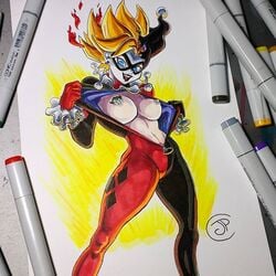 1:1 1girls 2018 batman_(series) bimbo breasts dc dragon_ball dragon_ball_z female female_only female_saiyan harley_quinn jpcortes large_breasts open_shirt parody pasties photo_(medium) saiyan solo spiky_hair super_saiyan traditional_media_(artwork)