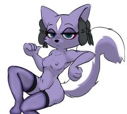 2024 aggressive_retsuko aggretsuko anthro bow_ribbon breasts claws clothing digital_media_(artwork) eyeliner female legwear looking_at_viewer makeup mammal markings mephitid nipples sanrio shikabane_(aggretsuko) sitting skunk solo thigh_highs viofsa