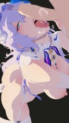 blue_eyes blue_flower blush breasts cantarella_(wuthering_waves) female flower garter_belt hair_between_eyes hair_flower hair_ornament headdress huge_breasts imminent_fellatio ion_(cation) jewelry long_hair mole mole_under_eye nail_polish nipples one_eye_covered open_mouth penis purple_hair purple_nails shrug_(clothing) smile tacet_mark_(wuthering_waves) tongue tongue_out white_garter_belt white_shrug wuthering_waves