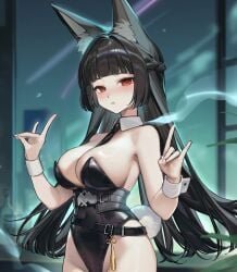 1girls :t \\\\n/ animal_ear_fluff animal_ears black_hair black_leotard black_necktie blunt_bangs blush breasts cleavage fake_tail female fox_ears fox_girl fox_shadow_puppet highres hoshimi_miyabi large_breasts leotard long_hair necktie playboy_bunny rabbit_ears rabbit_tail red_eyes smilesmile1312 tail upper_body white_wrist_cuffs wrist_cuffs zenless_zone_zero