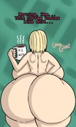 1girls 2d android_18 ass back_view big_ass big_breasts blonde_hair breasts coffee coffee_mug cyborg dialogue dragon_ball english_text facing_away female female_focus female_only guavagrunt hand_on_hip holding_mug holding_object huge_ass huge_breasts mug nude nude_female simple_background speech text thick_thighs thighs writing