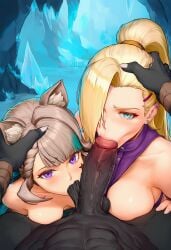 -_-abc 1boy 2girls ai_generated blowjob breasts cavern dark-skinned_male female genshin_impact hilichurls_(species) ice ice_cave ino_yamanaka lynette_(genshin_impact) male male_domination naruto partially_clothed penis sucking_balls sucking_penis