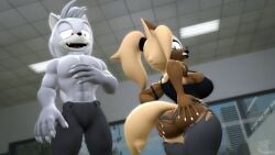 3d_(artwork) adam_(juicyducksfm) anthro black_lipstick bottomwear brown_body brown_skin canid canine canis clothed clothing digital_media_(artwork) duo fan_character female fur grey_body grey_fur gym hand_on_butt hi_res idw_publishing inside juicyducksfm laugh laughing_at_another lipstick looking_at_another looking_back makeup male male/female mammal pants public sega shocked sonic_(series) sonic_the_hedgehog_(comics) sonic_the_hedgehog_(idw) sonic_the_hedgehog_(series) source_filmmaker_(artwork) sport sportswear tan_body tan_fur torn_bottomwear torn_clothing torn_pants training whisper_the_wolf white_body white_fur wolf