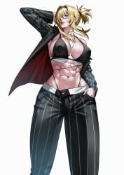 abs bigger_female blonde_hair breasts female glasses goddess_of_victory:_nikke grave_(nikke) mommy muscular muscular_female ponytail sexy suit taller_girl