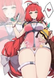 absurdres bikini blush breasts cleavage clitoris eyewear_on_head female female_pubic_hair glasses green_eyes heart heart-shaped_eyewear highres k-y looking_down panties pubic_hair red_hair swimsuit tanuki thigh_strap thong_bikini ukinami_yuzuha ukinami_yuzuha_(tanuki_in_broad_daylight) underwear zenless_zone_zero
