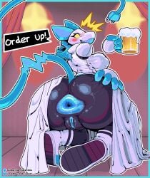 alcohol anthro anus ass beer beverage big_breasts bodily_fluids boots breasts clothed clothing deltarune dialogue drunk eyelashes female footwear genitals hi_res partially_clothed pussy shoes solo substance_intoxication sweat tasque_manager umaishiru undertale_(series) vulva