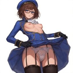 ai_generated ascot beret black_gloves black_thighhighs blue_eyes blue_headwear breasts brown_hair cowboy_shot dated female garter_straps glasses gloves hat kt_(real_kt) long_sleeves looking_at_viewer military military_uniform self_insert self_upload short_hair simple_background small_breasts solo thighhighs tight_skirt uniform white_ascot white_background