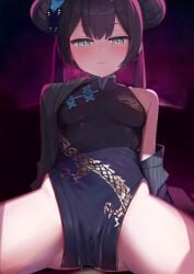 absurdres aori_(binnoaori) black_dress black_hair blue_archive blush breasts butterfly_hair_ornament china_dress chinese_clothes double_bun dragon_print dress female grey_eyes hair_bun hair_ornament halo highres kisaki_(blue_archive) long_hair looking_at_viewer pussy_juice simple_background sleeveless sleeveless_dress small_breasts solo spread_legs twintails