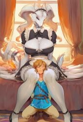 -_-abc 1boy 1girls ai_generated anthro anthro_on_human bedroom erect_penis erection erection_under_clothes furry head_between_thighs human_on_anthro link link_(breath_of_the_wild) maid maid_apron maid_outfit maid_uniform pokemon reshiram taller_girl the_legend_of_zelda thick_thighs thighs white_fur