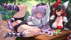 1boy 2girls ahoge animal_ears arms_behind_head beret black_choker black_gloves black_hair black_hat black_shorts breasts cat_ears cat_girl cat_tail center_frills choker cleavage_cutout clothed_female_nude_male clothing_cutout covered_navel covered_nipples dr-alu dress elbow_gloves flower frills gloves hair_flower hair_ornament hair_over_one_eye hat hetero highres hololive kneehighs lace lace_choker long_hair long_sleeves looking_at_another looking_at_viewer lying m_legs multicolored_hair multiple_girls navel neck_ribbon nekomata_okayu nekomata_okayu_(wonderland) nude official_alternate_costume official_alternate_hairstyle on_back on_table ookami_mio ookami_mio_(wonderland) outdoors penis purple_eyes purple_hair purple_ribbon purple_socks pussy red_flower red_rose red_streaks ribbon rose sex shirt shirt_tucked_in shorts single_hair_streak smile socks spread_legs streaked_hair striped_clothes striped_socks suspender_shorts suspenders swept_bangs table tail tail_wrap testicles torn_clothes torn_shorts twintails uncensored vaginal very_long_hair virtual_youtuber white_dress white_shirt wolf_ears wolf_girl yellow_eyes