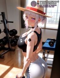 ai_generated ass back bare_arms bare_shoulders black_choker black_sports_bra blurry blush braid breasts choker classroom_of_the_elite cleavage closed_mouth cowboy_shot crop_top curtains day dumbbell exercise female from_side gym hair_bun hat holding holding_towel indoors large_breasts looking_at_viewer looking_to_the_side meitabuu midriff mole mole_on_breast pants pantylines purple_eyes queen_of_spades sakayanagi_arisu short_hair sidelocks sleeveless solo spade_(shape) sports_bra standing straw_hat sunlight sweat tattoo tight_clothes towel weights white_hair white_pants window wooden_floor yoga_pants