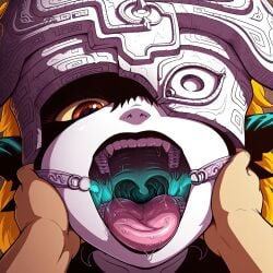 ai_generated black_lips black_lipstick drool drooling face fangs from_above glow glowing glowing_mouth glowing_throat hand_on_cheek hands_on_cheeks headgear helmet holding_face holding_head imp maw_shot mawshot midna mouth mouth_shot nose open_mouth panels pov pov_hands ring_gag saliva saliva_drip shortstack smile teeth teeth_showing the_legend_of_zelda tongue tongue_out twilight_princess uvula yellow_sclera
