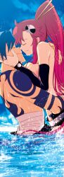 blue_hair breasts closed_eyes female gloves hair_ornament kamina large_breasts long_hair ponytail red_hair water yoko_littner